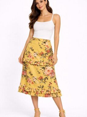 Antonio Melani Floral Midi Skirt 14 Yellow Cotton Ruffle Tiered Lined NWT